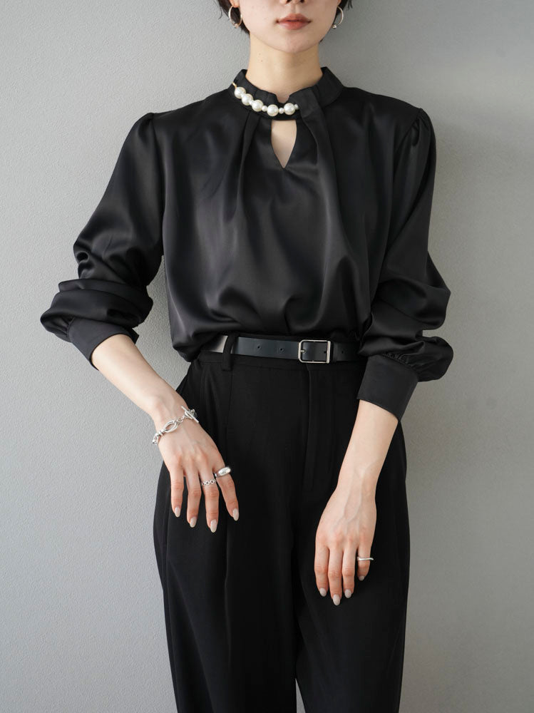 [SET] 2WAY pearl asymmetrical blouse + one-tuck wide pants (2set)