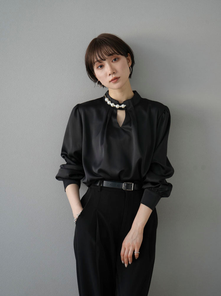 [SET] 2WAY pearl asymmetrical blouse + one-tuck wide pants (2set)