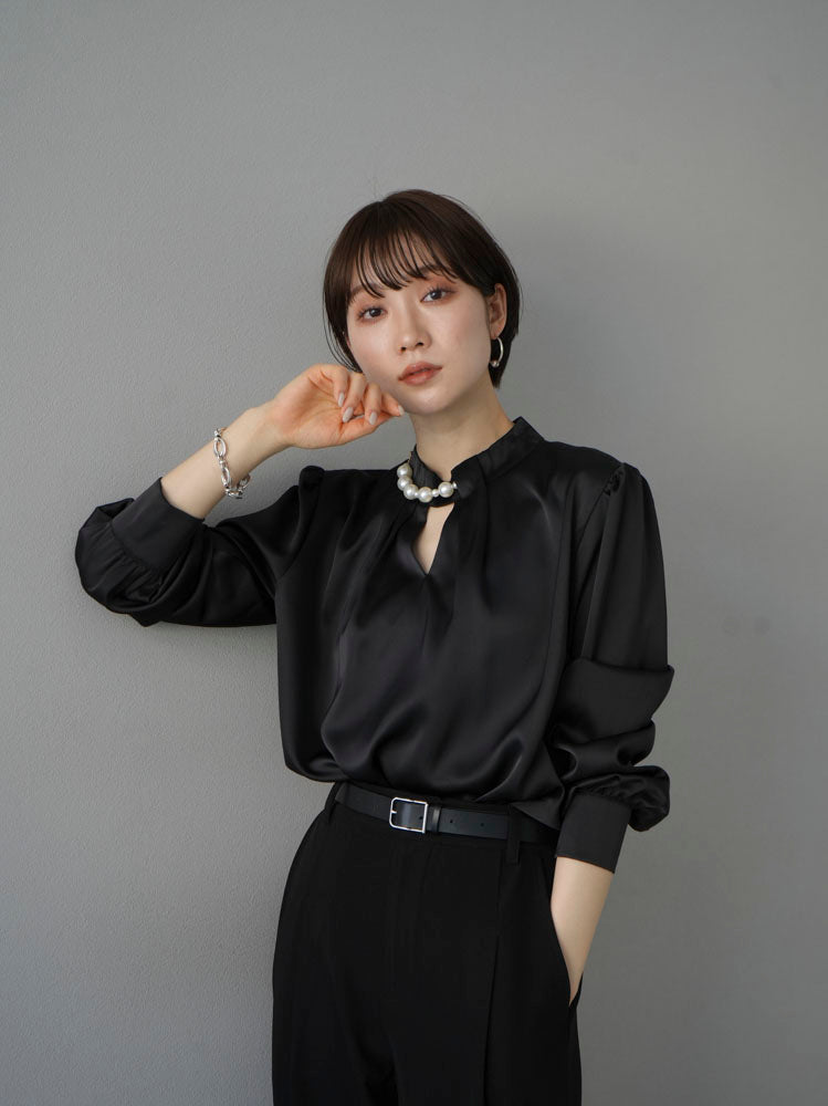 [SET] 2WAY pearl asymmetrical blouse + one-tuck wide pants (2set)