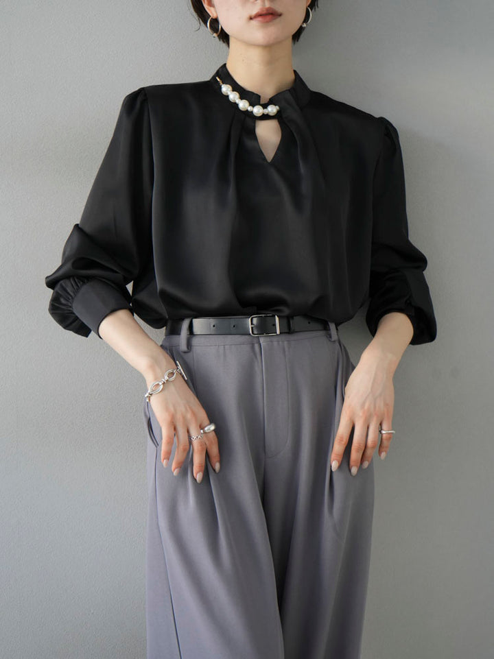 [SET] 2WAY pearl asymmetrical blouse + one-tuck wide pants (2set)