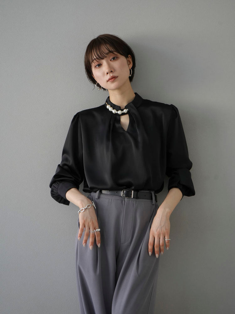 [SET] 2WAY pearl asymmetrical blouse + one-tuck wide pants (2set)