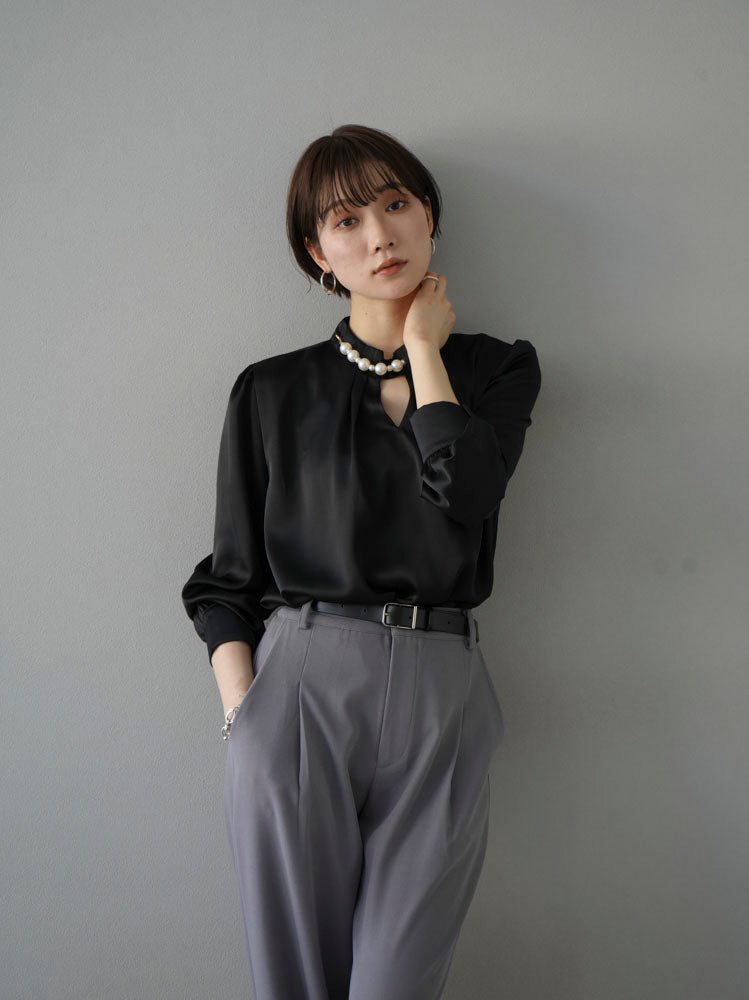 [SET] 2WAY pearl asymmetrical blouse + one-tuck wide pants (2set)