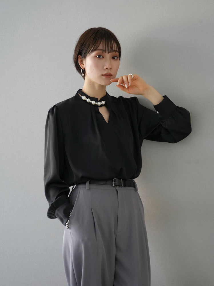 [SET] 2WAY pearl asymmetrical blouse + one-tuck wide pants (2set)