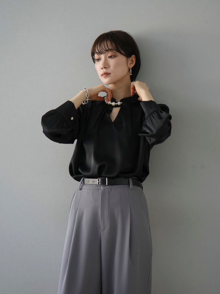 [SET] 2WAY pearl asymmetrical blouse + one-tuck wide pants (2set)