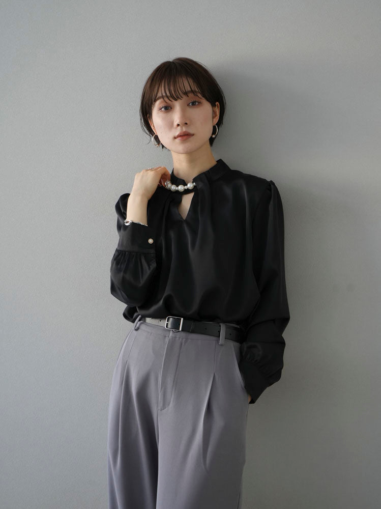 [SET] 2WAY pearl asymmetrical blouse + one-tuck wide pants (2set)