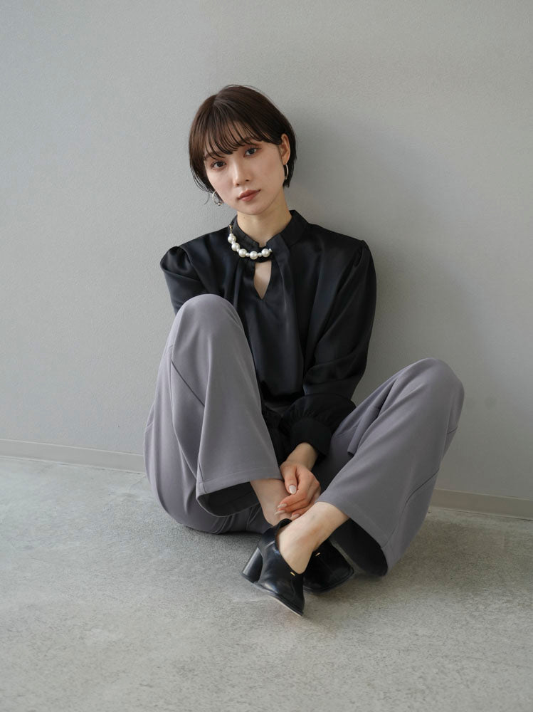 [SET] 2WAY pearl asymmetrical blouse + one-tuck wide pants (2set)