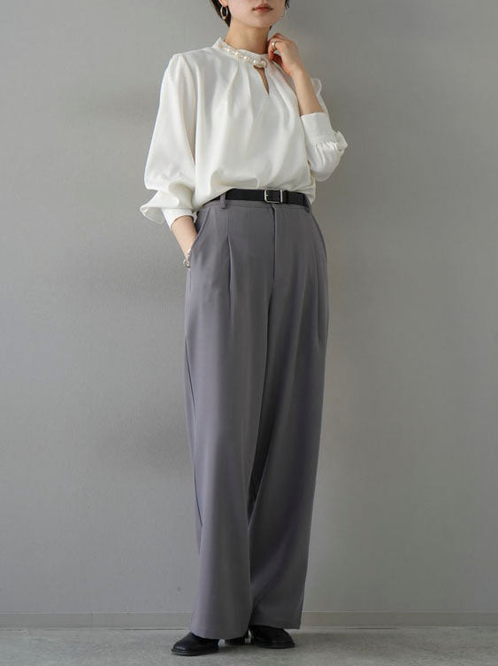 [SET] 2WAY pearl asymmetrical blouse + one-tuck wide pants (2set)