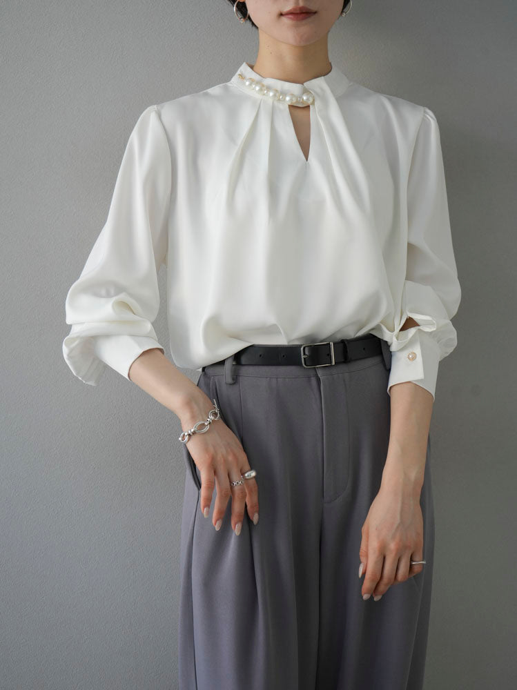 [SET] 2WAY pearl asymmetrical blouse + one-tuck wide pants (2set)