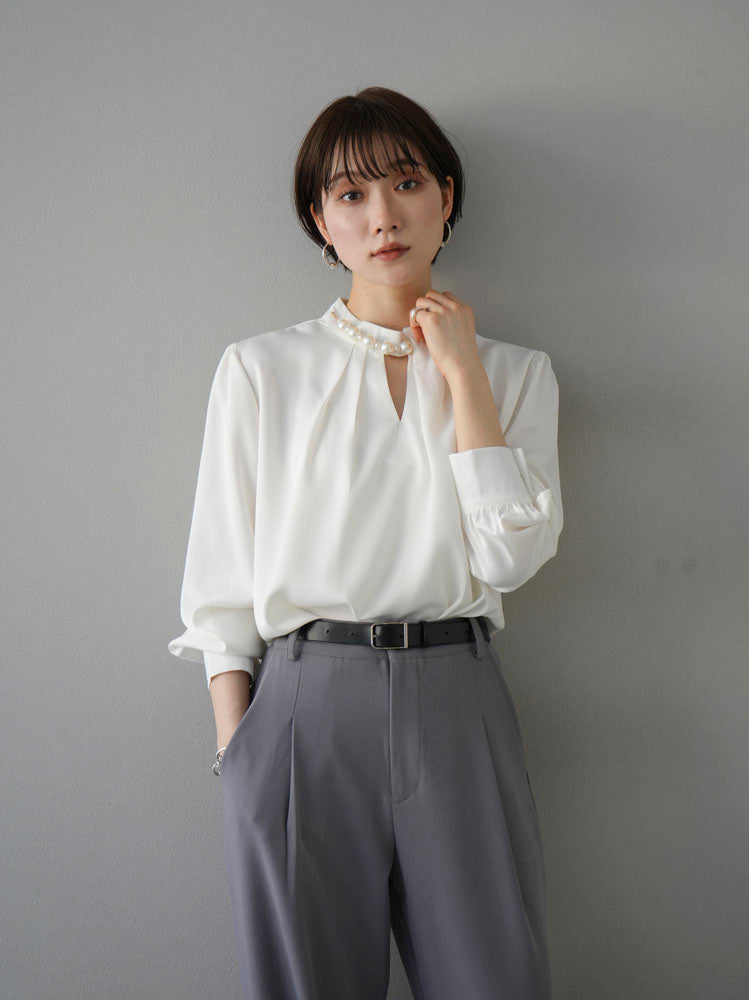 [SET] 2WAY pearl asymmetrical blouse + one-tuck wide pants (2set)