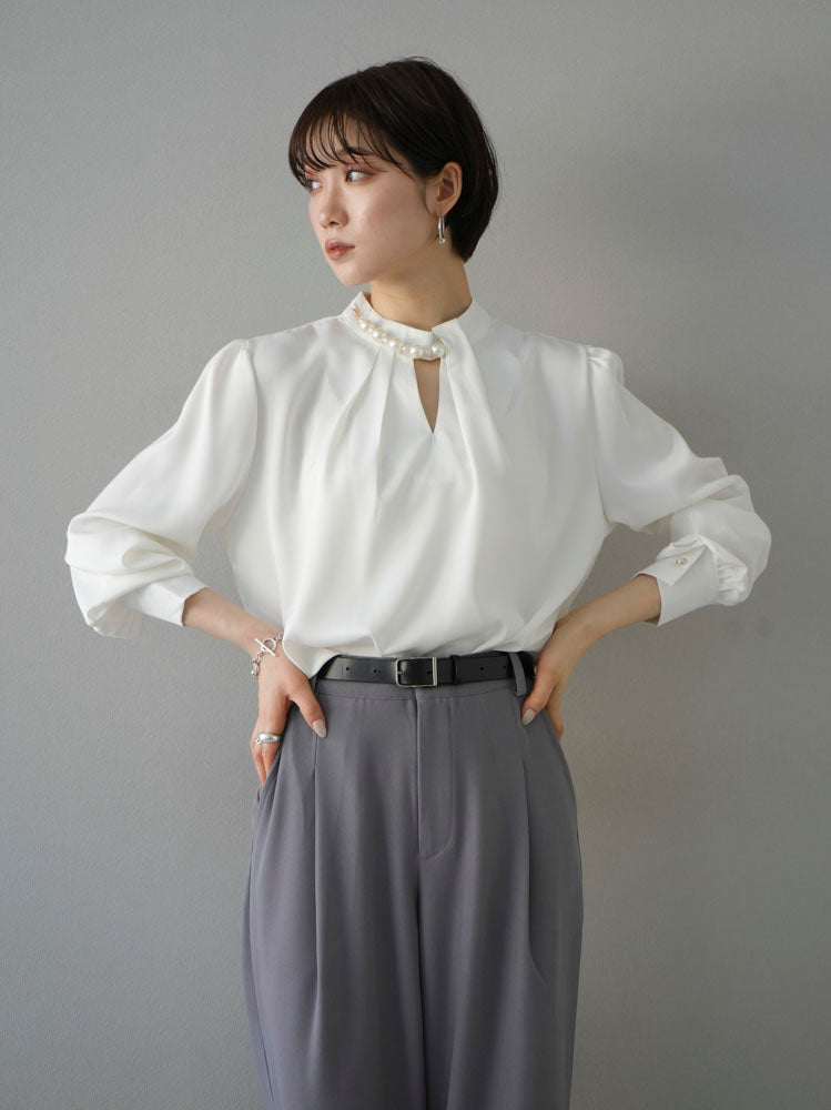 [SET] 2WAY pearl asymmetrical blouse + one-tuck wide pants (2set)