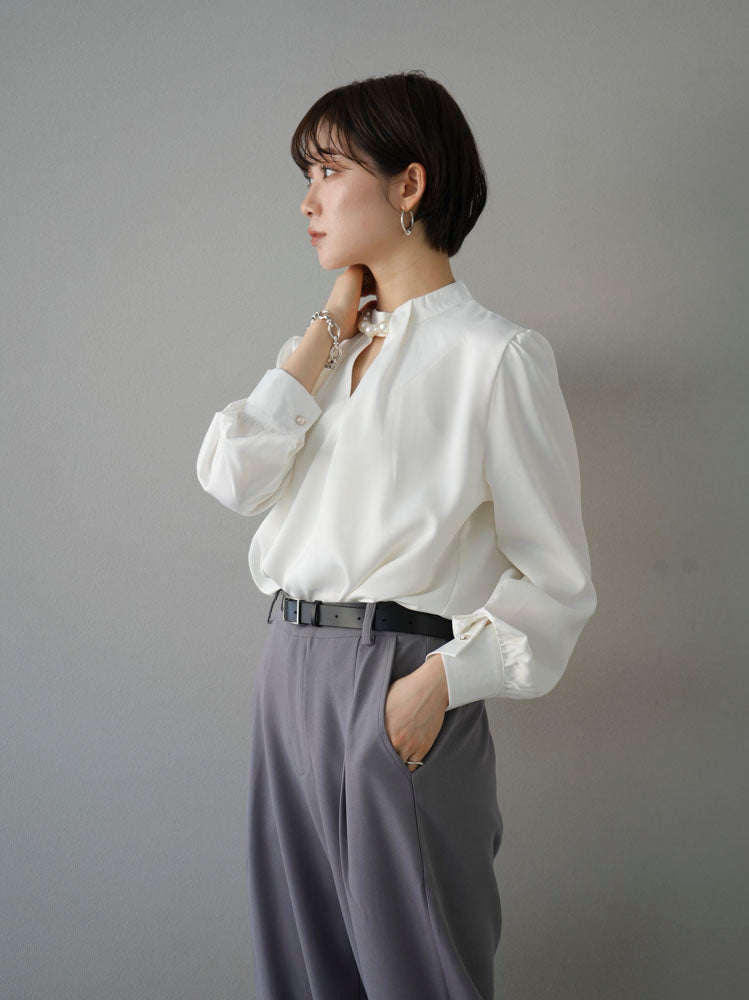 [SET] 2WAY pearl asymmetrical blouse + one-tuck wide pants (2set)