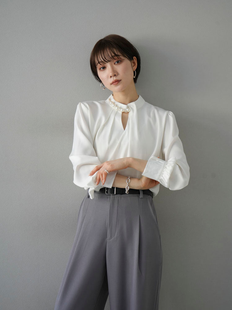 [SET] 2WAY pearl asymmetrical blouse + one-tuck wide pants (2set)