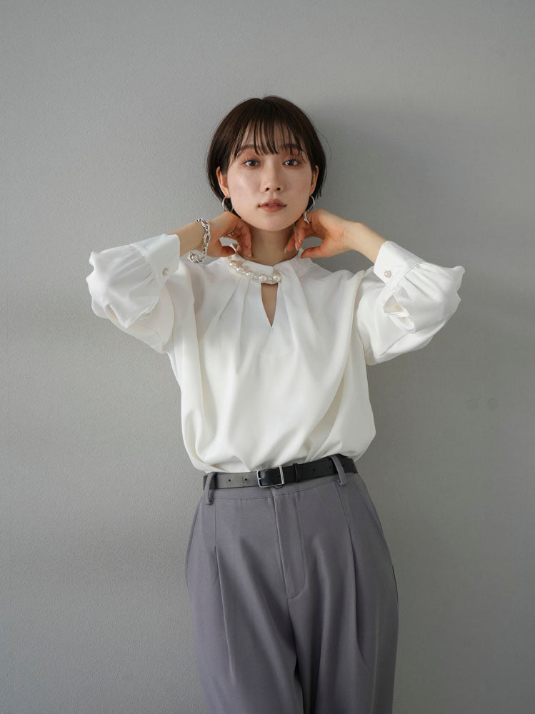 [SET] 2WAY pearl asymmetrical blouse + one-tuck wide pants (2set)