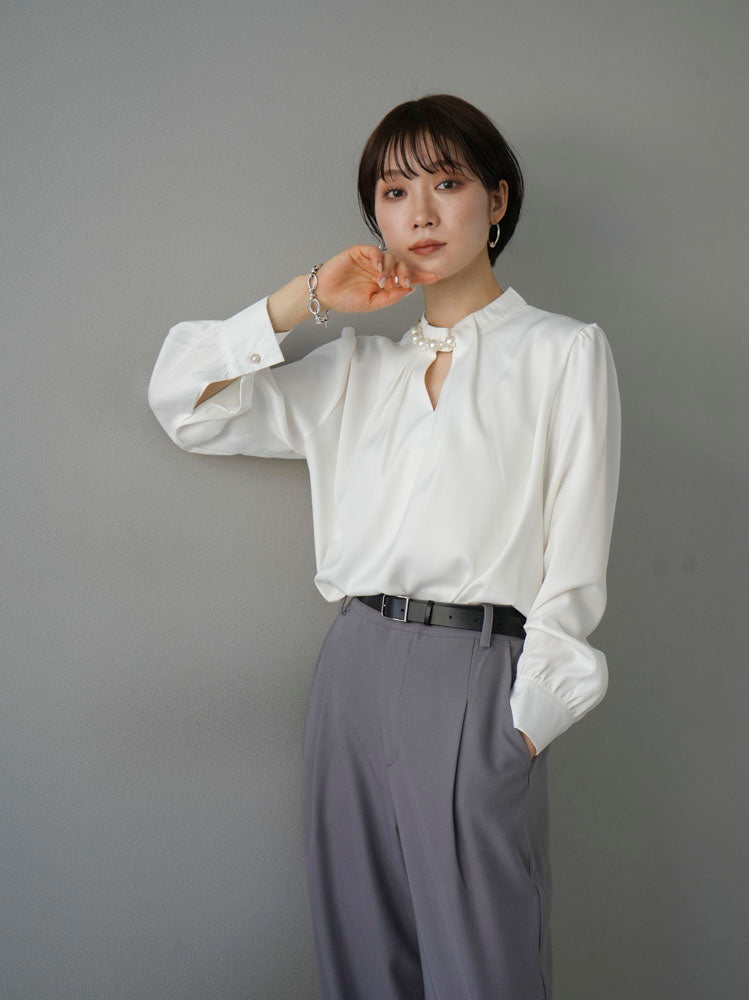 [SET] 2WAY pearl asymmetrical blouse + one-tuck wide pants (2set)