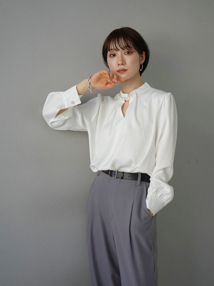 [SET] 2WAY pearl asymmetrical blouse + one-tuck wide pants (2set)