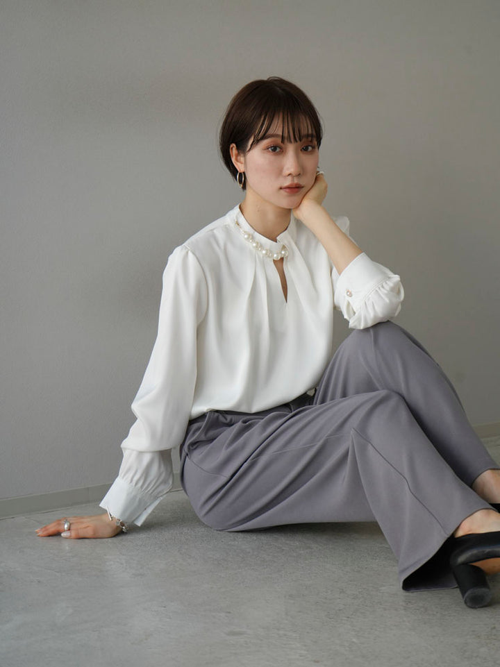 [SET] 2WAY pearl asymmetrical blouse + one-tuck wide pants (2set)