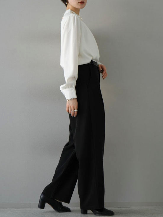 [SET] 2WAY pearl asymmetrical blouse + one-tuck wide pants (2set)