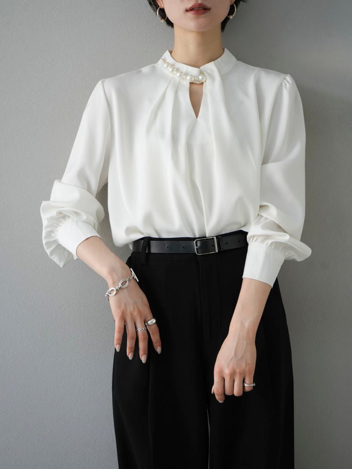 [SET] 2WAY pearl asymmetrical blouse + one-tuck wide pants (2set)