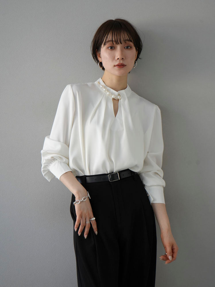 [SET] 2WAY pearl asymmetrical blouse + one-tuck wide pants (2set)