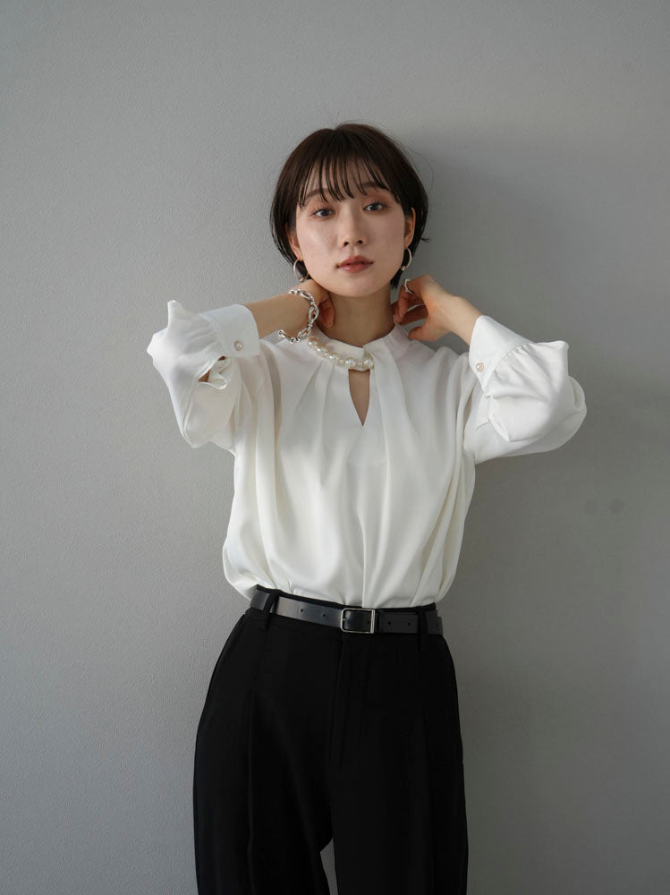 [SET] 2WAY pearl asymmetrical blouse + one-tuck wide pants (2set)