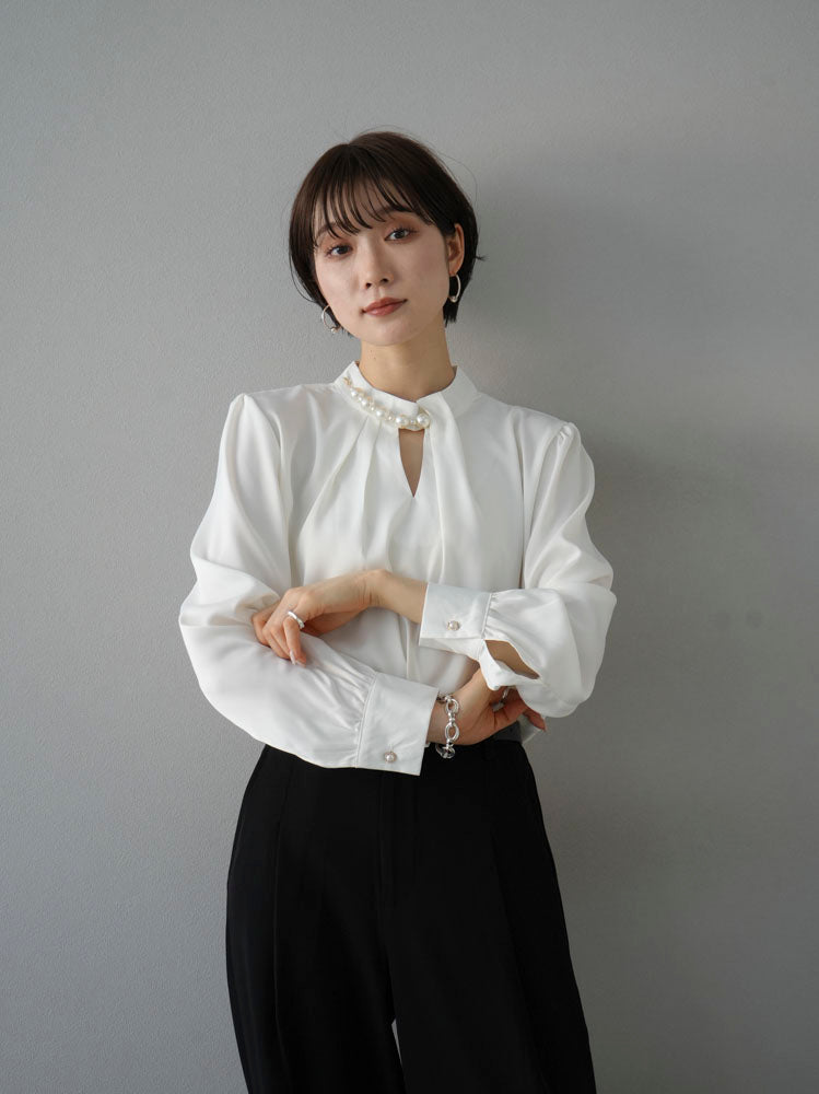 [SET] 2WAY pearl asymmetrical blouse + one-tuck wide pants (2set)