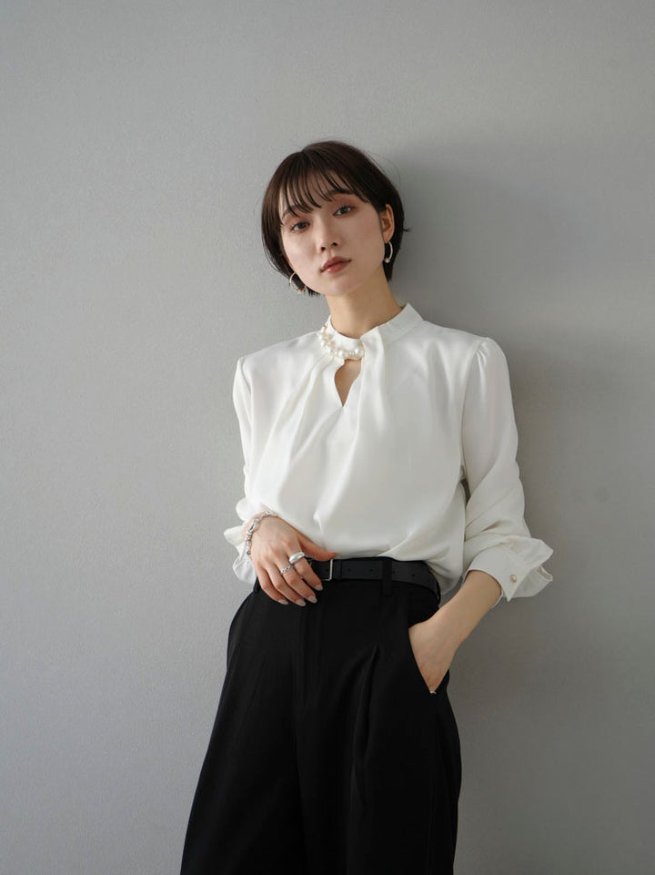 [SET] 2WAY pearl asymmetrical blouse + one-tuck wide pants (2set)