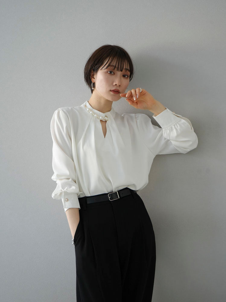 [SET] 2WAY pearl asymmetrical blouse + one-tuck wide pants (2set)