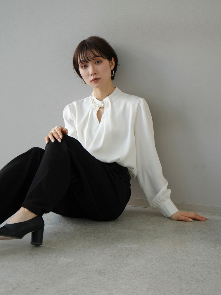 [SET] 2WAY pearl asymmetrical blouse + one-tuck wide pants (2set)