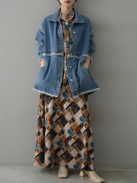 [SET] 2WAY denim stand-up collar jacket + retro pattern bunt collar overshirt + retro pattern flare skirt (2-3 sets)