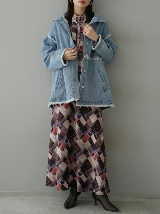 [SET] 2WAY denim stand-up collar jacket + retro pattern bunt collar overshirt + retro pattern flare skirt (2-3 sets)