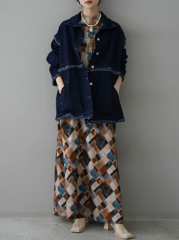 [SET] 2WAY denim stand-up collar jacket + retro pattern bunt collar overshirt + retro pattern flare skirt (2-3 sets)