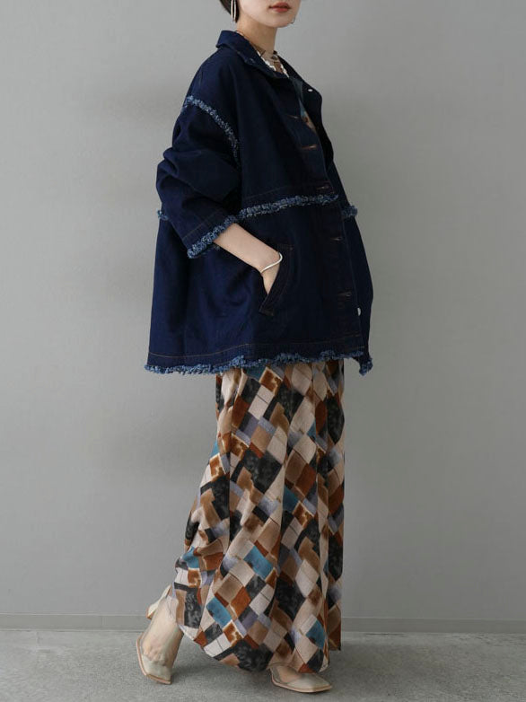 [SET] 2WAY denim stand-up collar jacket + retro pattern bunt collar overshirt + retro pattern flare skirt (2-3 sets)