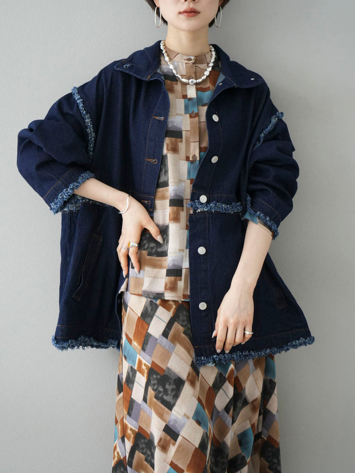 [SET] 2WAY denim stand-up collar jacket + retro pattern bunt collar overshirt + retro pattern flare skirt (2-3 sets)