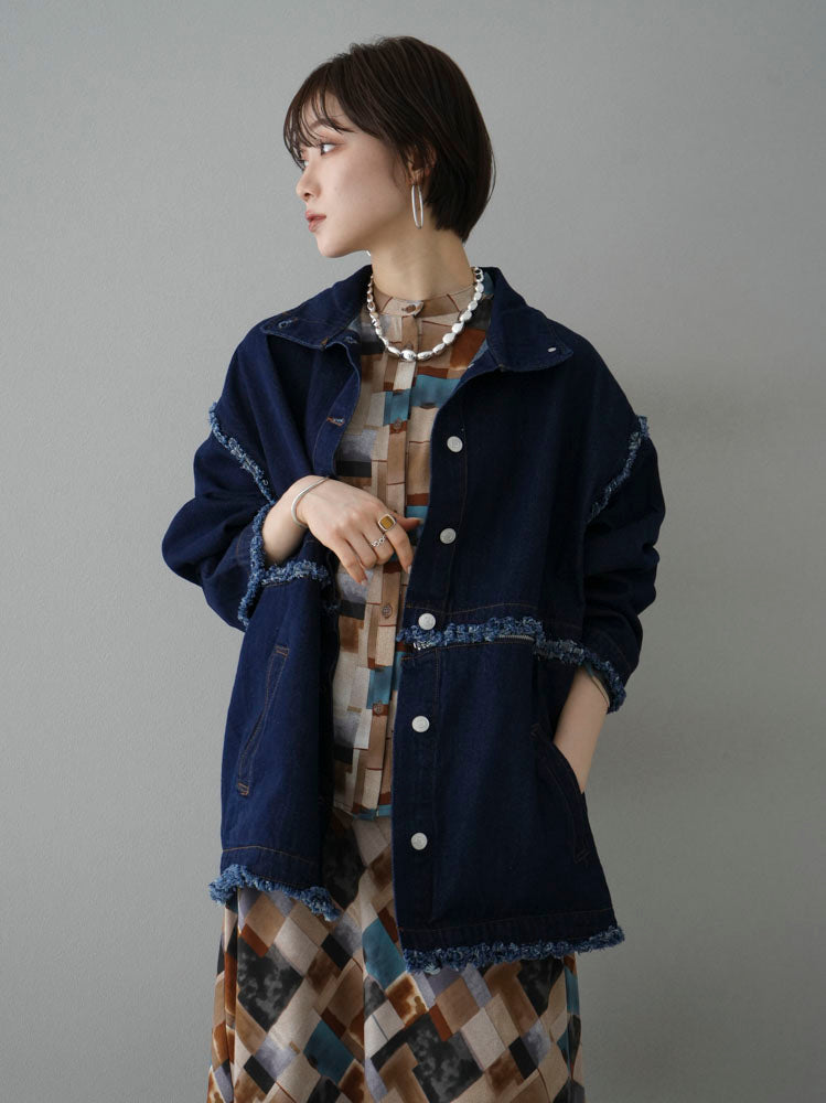 [SET] 2WAY denim stand-up collar jacket + retro pattern bunt collar overshirt + retro pattern flare skirt (2-3 sets)