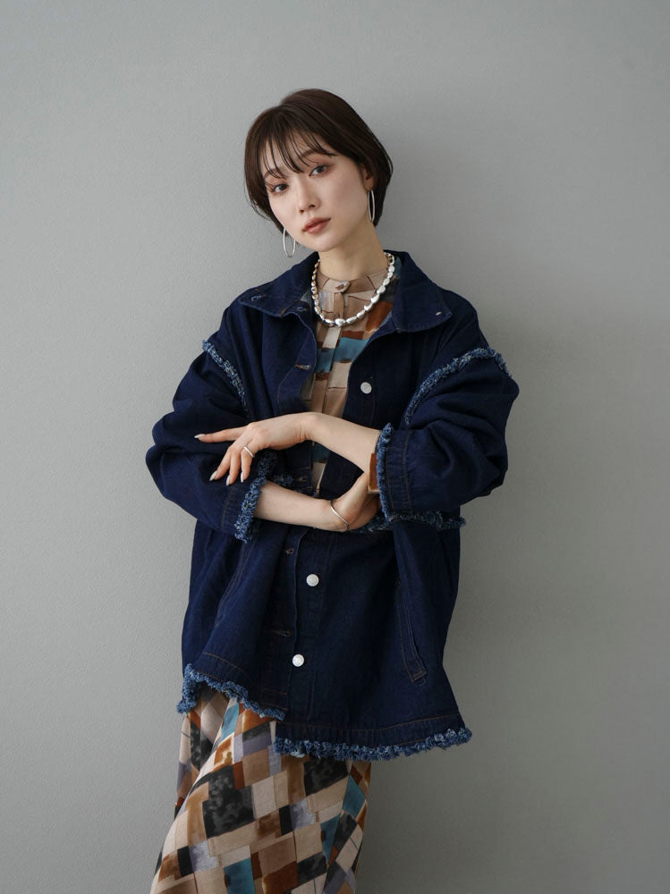 [SET] 2WAY denim stand-up collar jacket + retro pattern bunt collar overshirt + retro pattern flare skirt (2-3 sets)