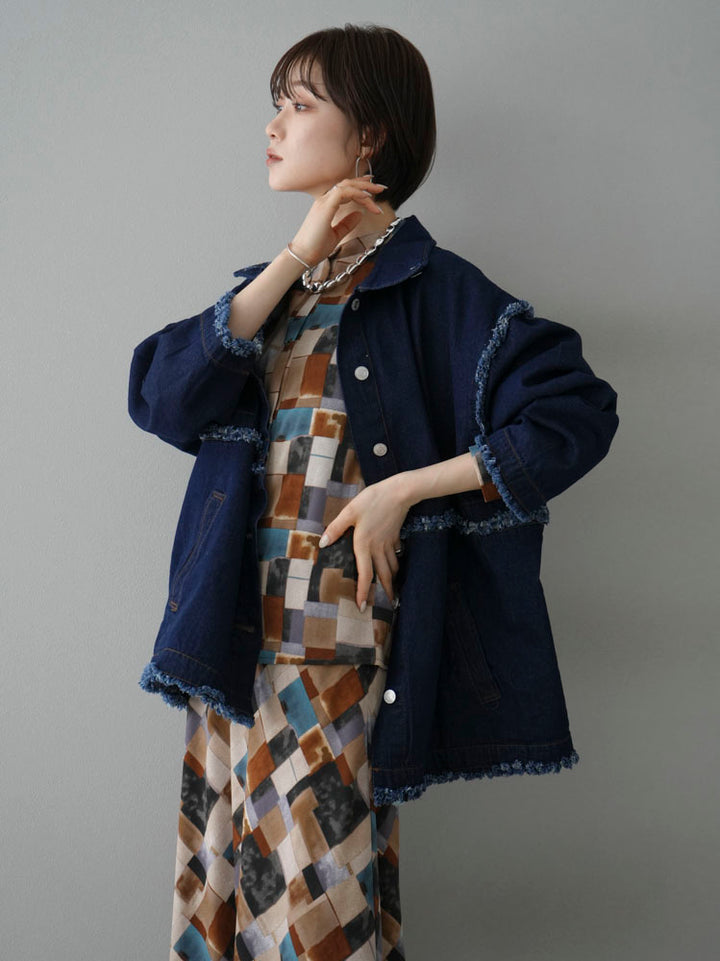 [SET] 2WAY denim stand-up collar jacket + retro pattern bunt collar overshirt + retro pattern flare skirt (2-3 sets)