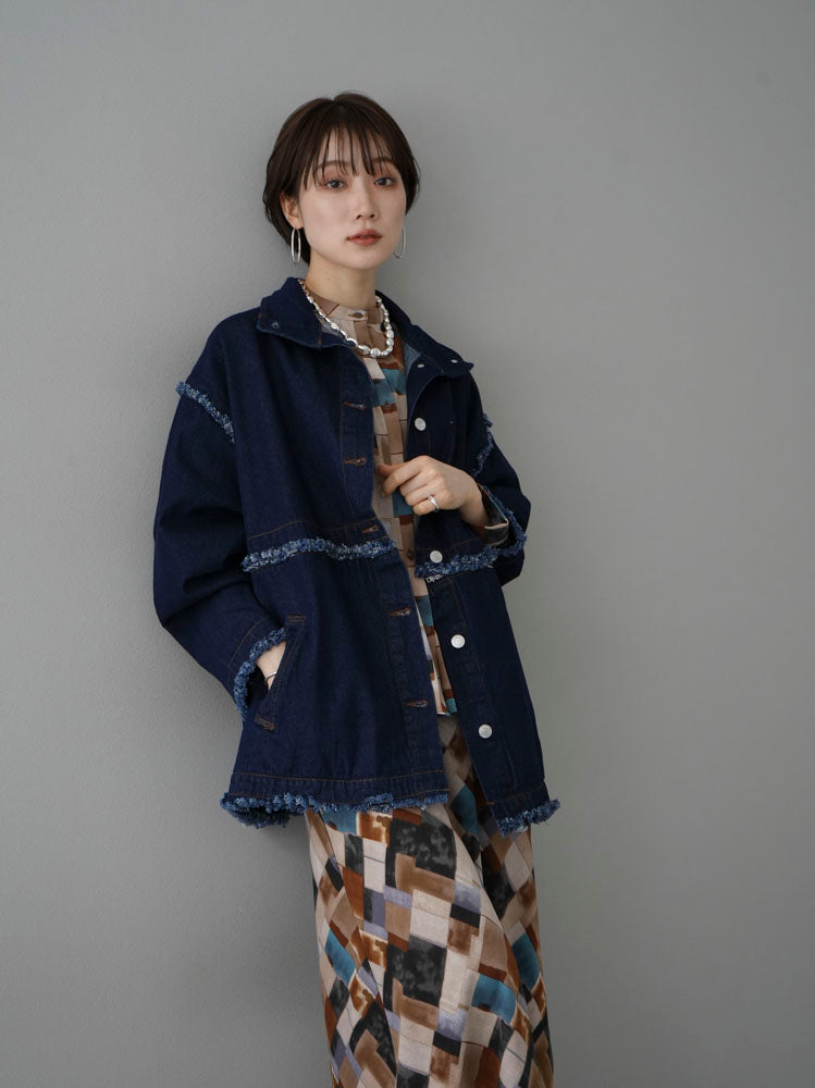 [SET] 2WAY denim stand-up collar jacket + retro pattern bunt collar overshirt + retro pattern flare skirt (2-3 sets)