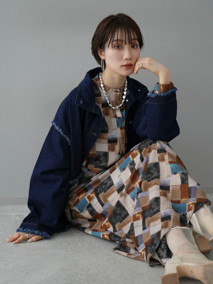 [SET] 2WAY denim stand-up collar jacket + retro pattern bunt collar overshirt + retro pattern flare skirt (2-3 sets)