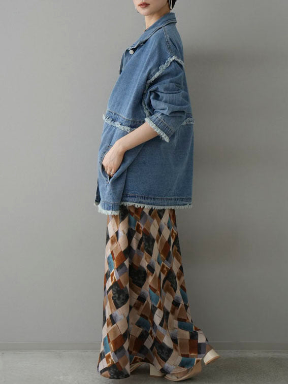 [SET] 2WAY denim stand-up collar jacket + retro pattern bunt collar overshirt + retro pattern flare skirt (2-3 sets)