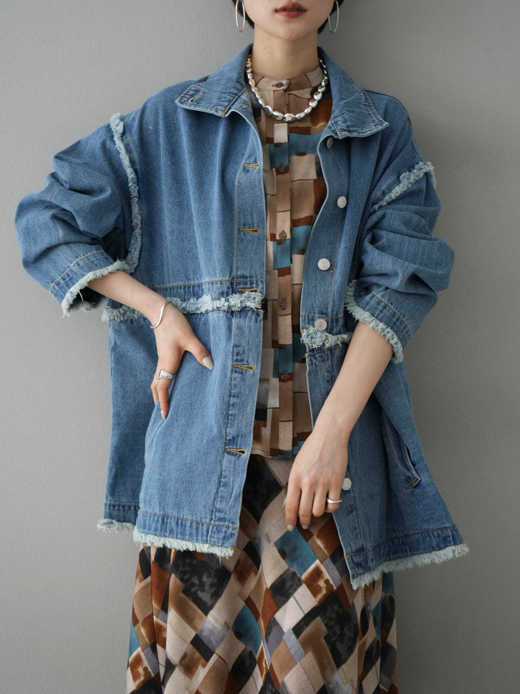 [SET] 2WAY denim stand-up collar jacket + retro pattern bunt collar overshirt + retro pattern flare skirt (2-3 sets)