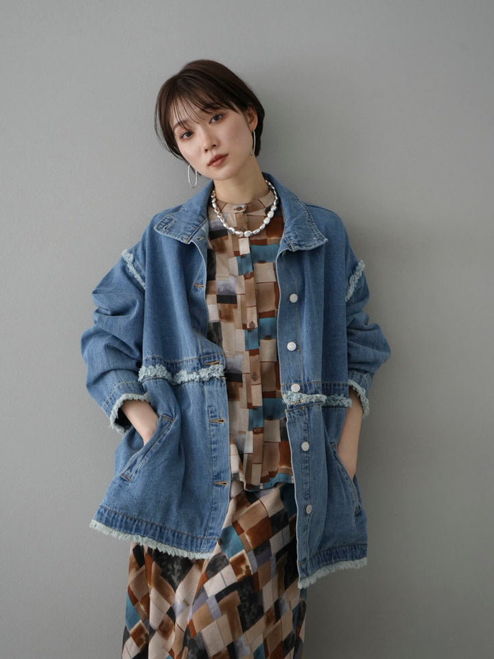 [SET] 2WAY denim stand-up collar jacket + retro pattern bunt collar overshirt + retro pattern flare skirt (2-3 sets)