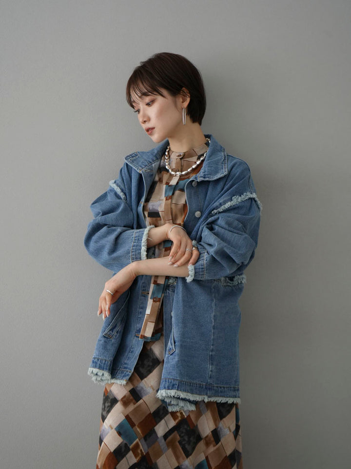 [SET] 2WAY denim stand-up collar jacket + retro pattern bunt collar overshirt + retro pattern flare skirt (2-3 sets)