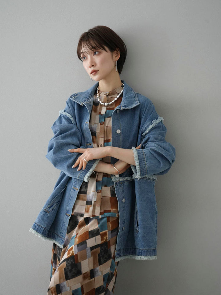 [SET] 2WAY denim stand-up collar jacket + retro pattern bunt collar overshirt + retro pattern flare skirt (2-3 sets)