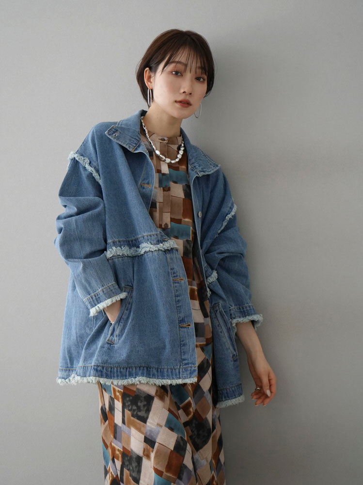 [SET] 2WAY denim stand-up collar jacket + retro pattern bunt collar overshirt + retro pattern flare skirt (2-3 sets)