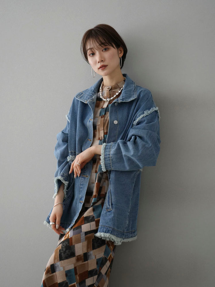 [SET] 2WAY denim stand-up collar jacket + retro pattern bunt collar overshirt + retro pattern flare skirt (2-3 sets)