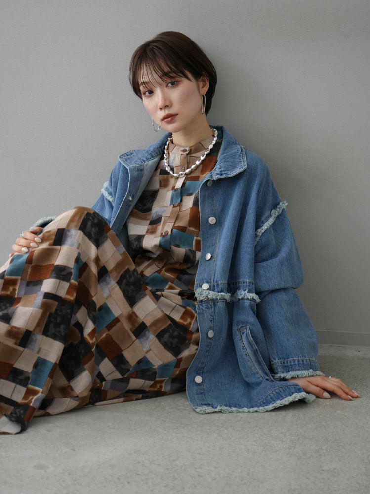 [SET] 2WAY denim stand-up collar jacket + retro pattern bunt collar overshirt + retro pattern flare skirt (2-3 sets)