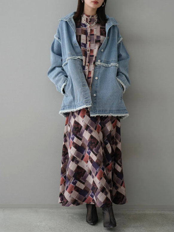 [SET] 2WAY denim stand-up collar jacket + retro pattern bunt collar overshirt + retro pattern flare skirt (2-3 sets)