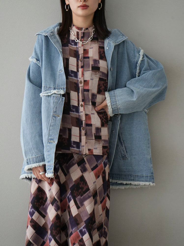 [SET] 2WAY denim stand-up collar jacket + retro pattern bunt collar overshirt + retro pattern flare skirt (2-3 sets)