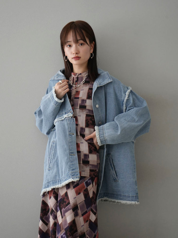 [SET] 2WAY denim stand-up collar jacket + retro pattern bunt collar overshirt + retro pattern flare skirt (2-3 sets)