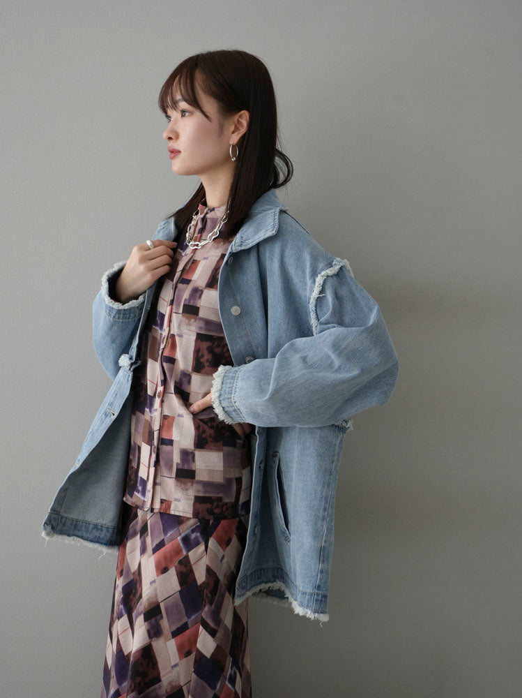 [SET] 2WAY denim stand-up collar jacket + retro pattern bunt collar overshirt + retro pattern flare skirt (2-3 sets)